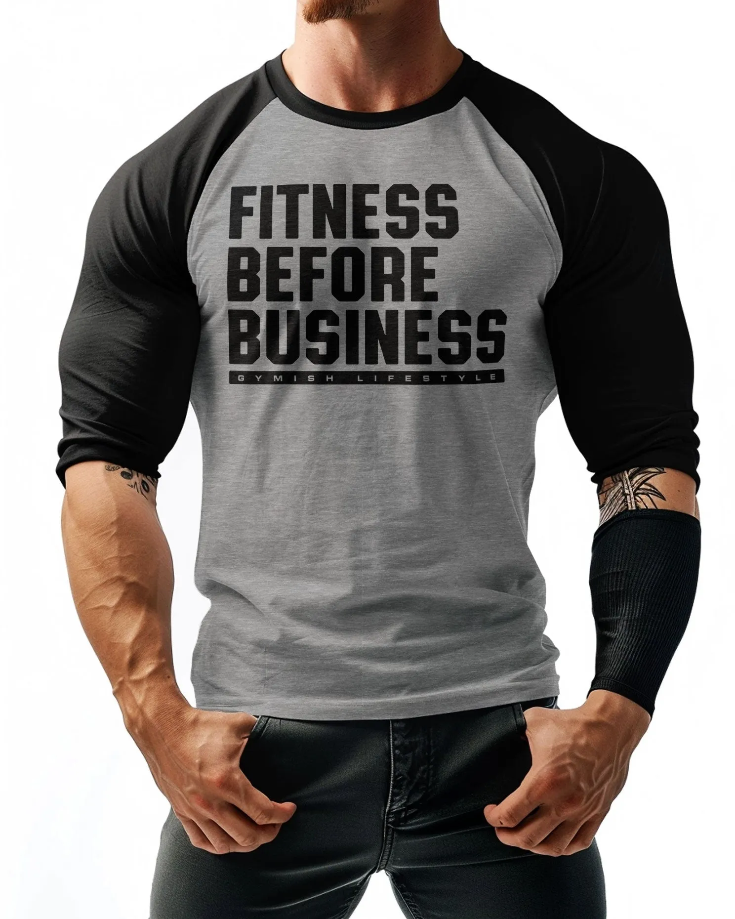 110. RAGLAN Fitness Before Business Funny Workout Gym T-Shirt for Men