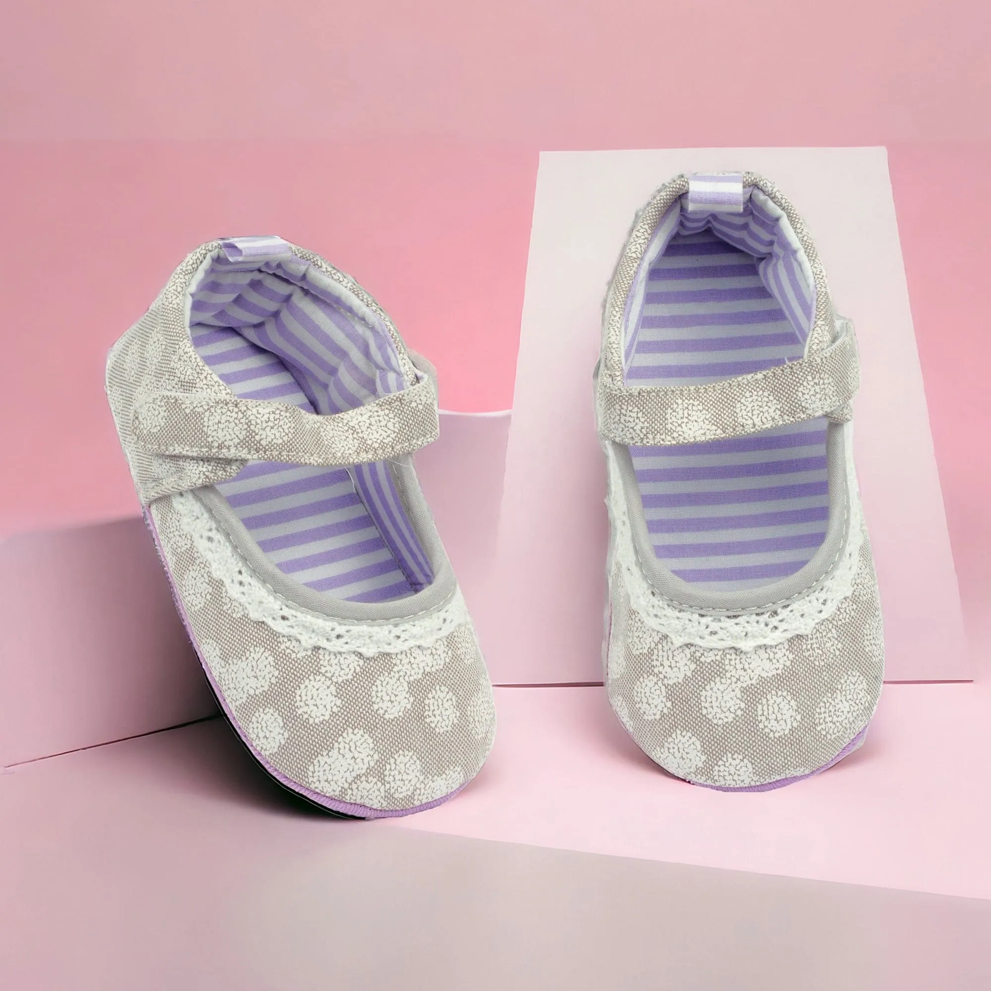 Baby Moo Textured Velcro Strap Anti-Skid Ballerina Booties - Grey