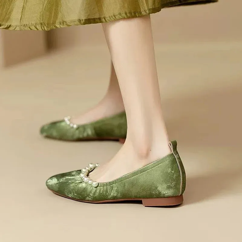 binfenxie  -  Women Bead Square Toe Flats Shoes Shallow Elegant Ballet Dance Soft Sole Shoes 2024 Autumn Dress Party Shoes Comfort Zapatos