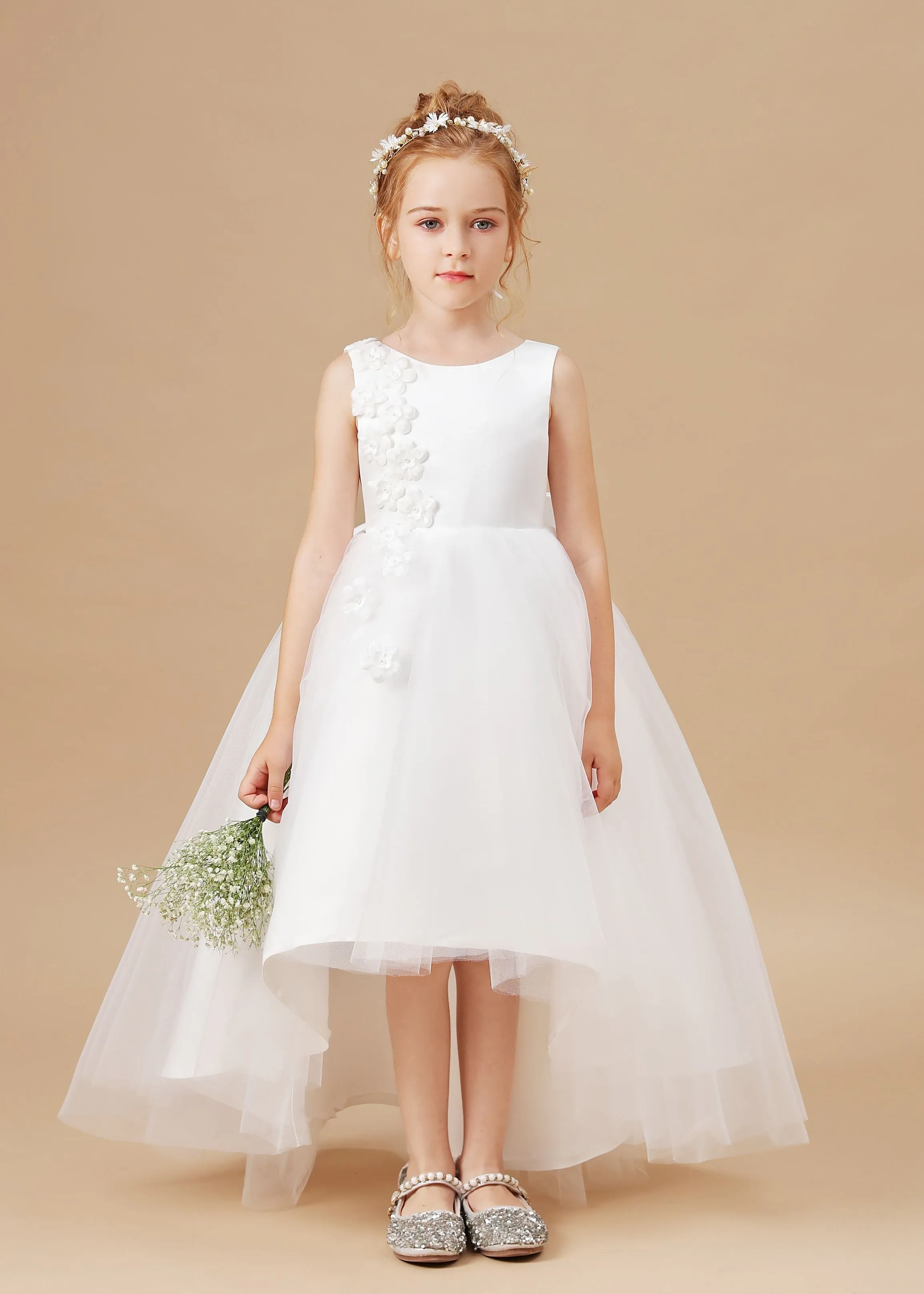 Chic High Low Sleeveless Tulle Stain Appliques Flower Girl dress With Bowknot