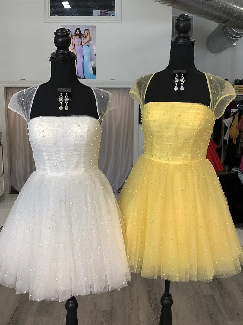 Chic Sparkly Cap Sleeves Homecoming Dress, Tulle Pearls Short Prom Dress OM460