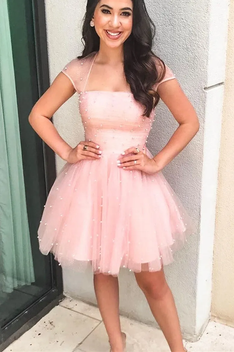 Chic Sparkly Cap Sleeves Homecoming Dress, Tulle Pearls Short Prom Dress OM460