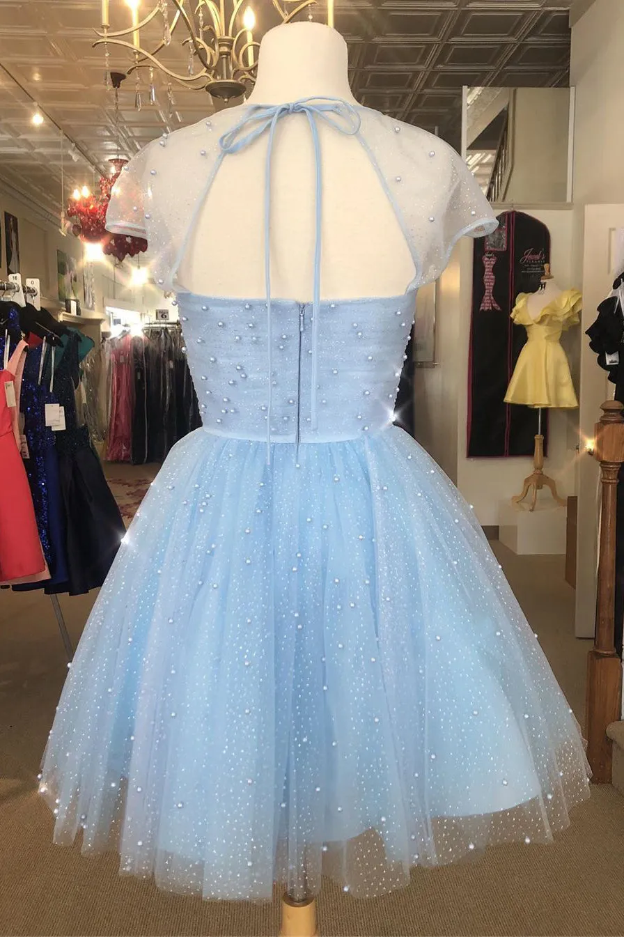 Chic Sparkly Cap Sleeves Homecoming Dress, Tulle Pearls Short Prom Dress OM460