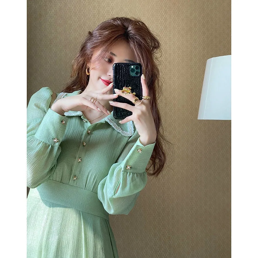 Joskaa Back to College French Retro Dress Women Casual Ruffled Collar Long Sleeve Vintage Bow Solid Fairy Chic Party One-Piece Dress Women Korean Style