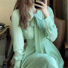 Joskaa Back to College French Retro Dress Women Casual Ruffled Collar Long Sleeve Vintage Bow Solid Fairy Chic Party One-Piece Dress Women Korean Style