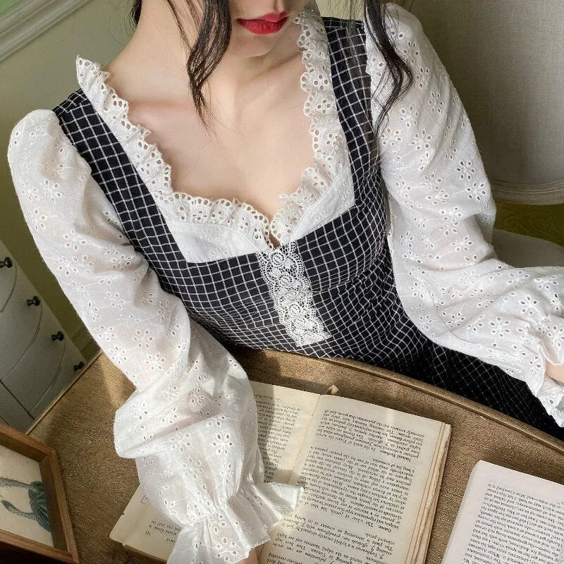 Joskaa Back to College French Vintage Dress Women Casual Elegant Plaid Midi Sweet Dress Party Long Sleeve Lace one piece dress Korean Autumn Chic