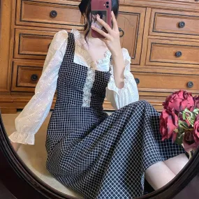 Joskaa Back to College French Vintage Dress Women Casual Elegant Plaid Midi Sweet Dress Party Long Sleeve Lace one piece dress Korean Autumn Chic