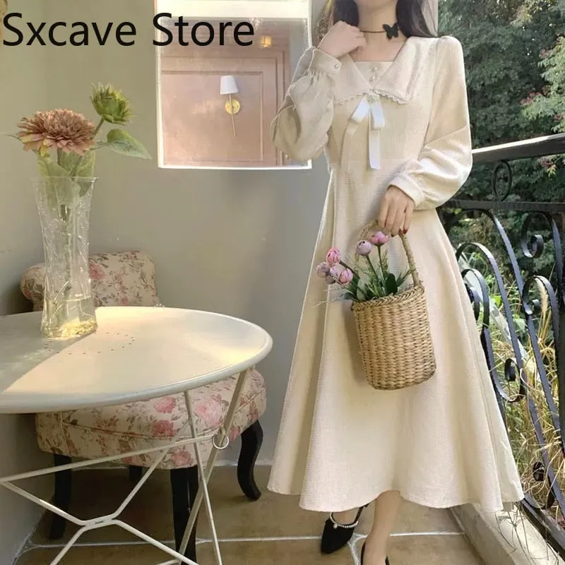 Joskaa Back to College White Midi Dress Women Casual Long Sleeve Elegant Vintage One Piece Dress Korean 2024 Autumn Outdoor Design Kawaii Clothing Chic