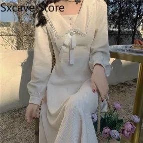 Joskaa Back to College White Midi Dress Women Casual Long Sleeve Elegant Vintage One Piece Dress Korean 2024 Autumn Outdoor Design Kawaii Clothing Chic