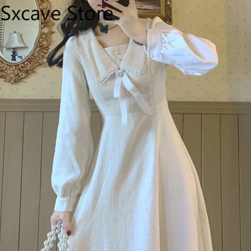 Joskaa Back to College White Midi Dress Women Casual Long Sleeve Elegant Vintage One Piece Dress Korean 2024 Autumn Outdoor Design Kawaii Clothing Chic