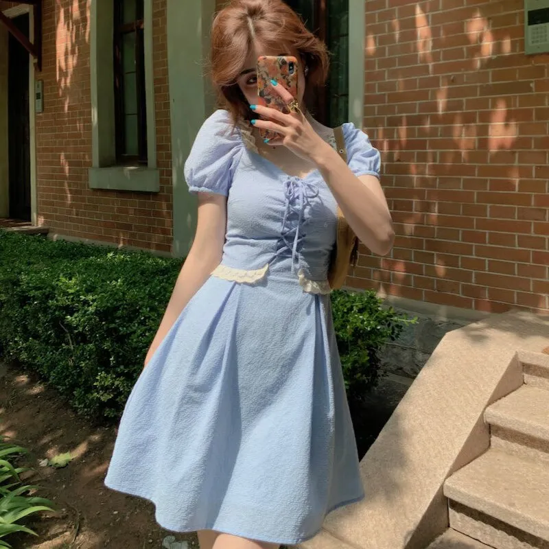 Joskaa Christmas Gift Dress Women Ulzzang Slim Girls Romance Summer Party Wear Lace Drawstring Puff Sleeve Designed Classic Elegant Fit Large Size 2XL