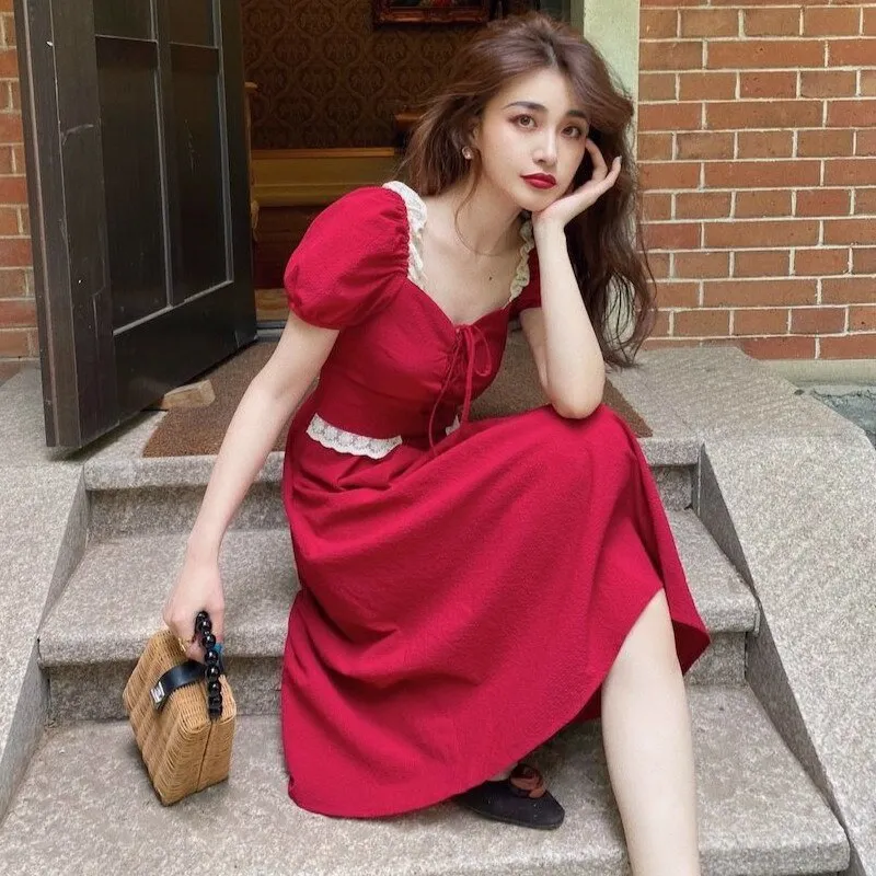 Joskaa Christmas Gift Dress Women Ulzzang Slim Girls Romance Summer Party Wear Lace Drawstring Puff Sleeve Designed Classic Elegant Fit Large Size 2XL