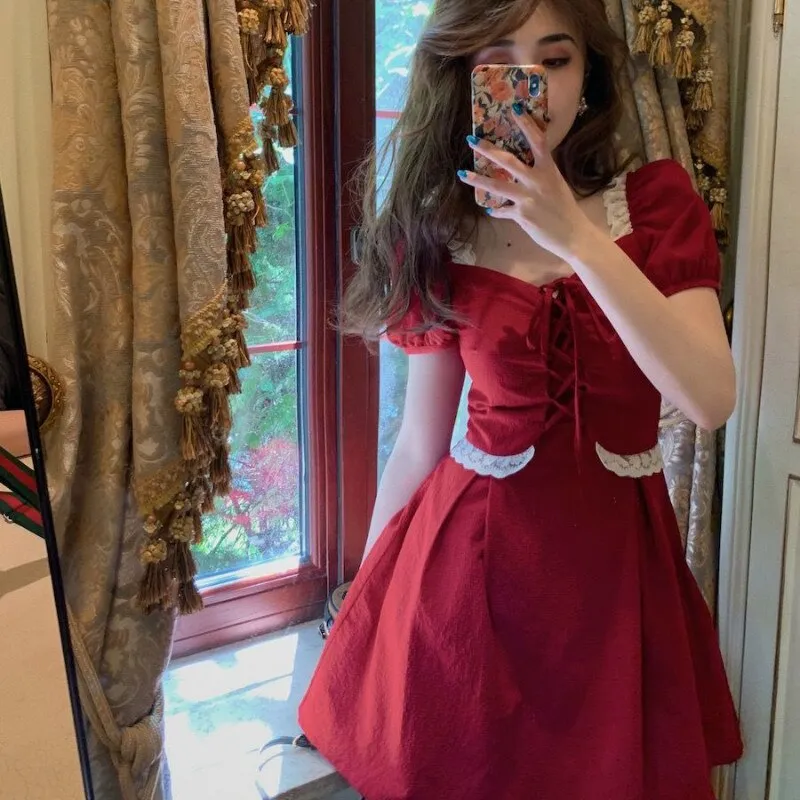 Joskaa Christmas Gift Dress Women Ulzzang Slim Girls Romance Summer Party Wear Lace Drawstring Puff Sleeve Designed Classic Elegant Fit Large Size 2XL