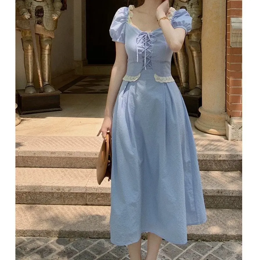 Joskaa Christmas Gift Dress Women Ulzzang Slim Girls Romance Summer Party Wear Lace Drawstring Puff Sleeve Designed Classic Elegant Fit Large Size 2XL