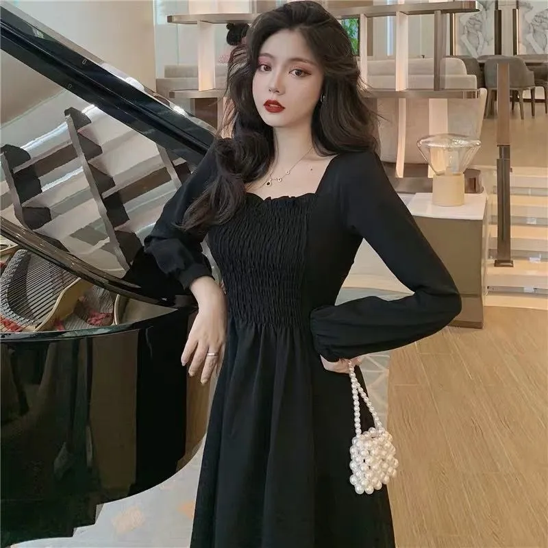 Joskaa Christmas Gift Dress Womens Square Collar Vintage Elastic Retro Plus Size 3XL High Waist Mid-calf French Style Ulzzang Chic Fashion Ins Design