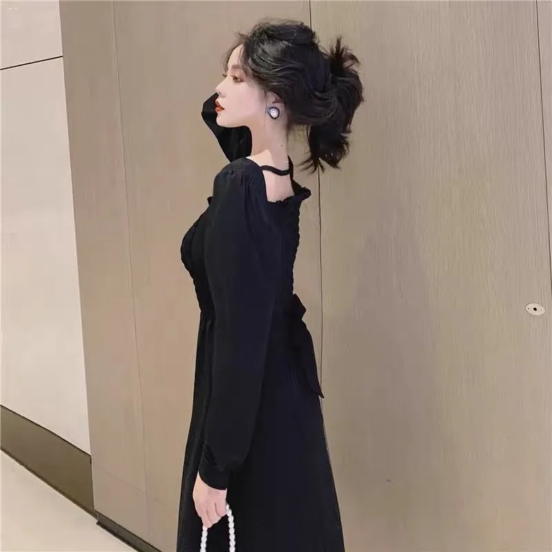 Joskaa Christmas Gift Dress Womens Square Collar Vintage Elastic Retro Plus Size 3XL High Waist Mid-calf French Style Ulzzang Chic Fashion Ins Design