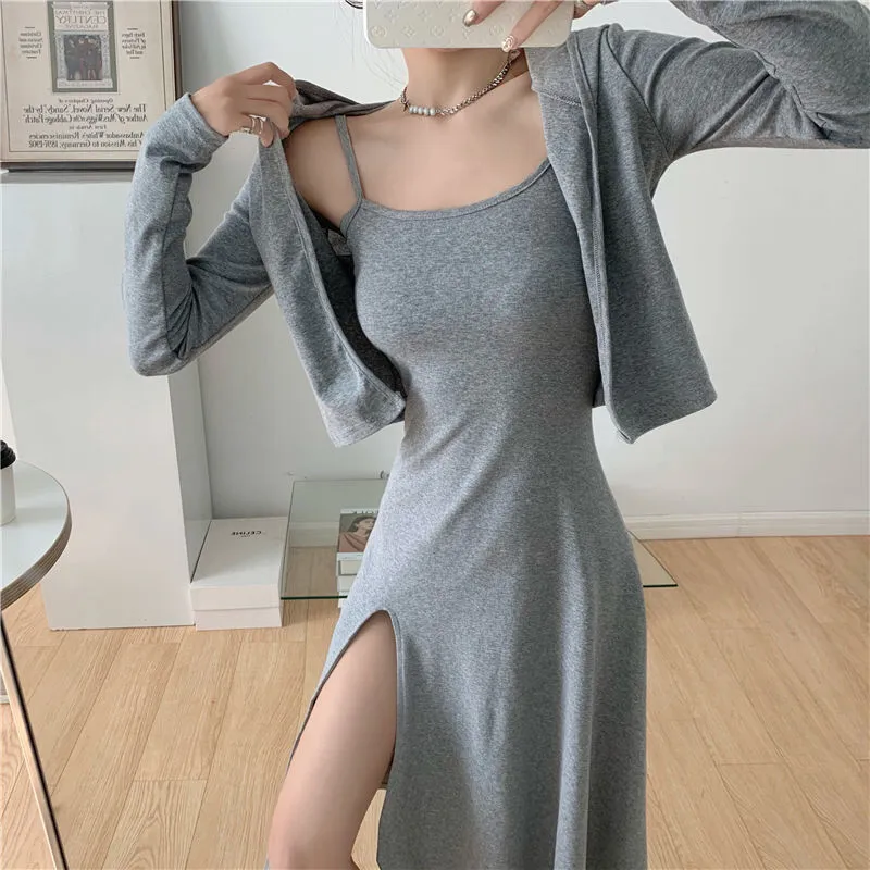 Joskaa Christmas Gift Sets Women Solid Elegant Classy 2 Pieces Cropped Cardigans Side-slit Dress Sexy Party All-match Streetwear Oversize BF Female