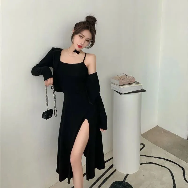 Joskaa Christmas Gift Sets Women Solid Elegant Classy 2 Pieces Cropped Cardigans Side-slit Dress Sexy Party All-match Streetwear Oversize BF Female