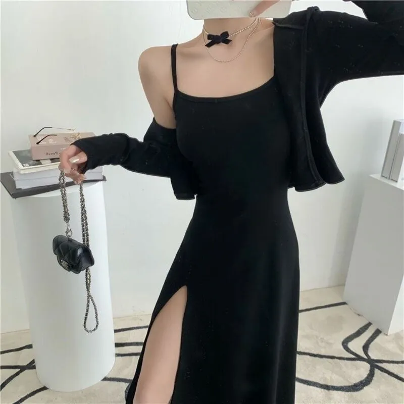 Joskaa Christmas Gift Sets Women Solid Elegant Classy 2 Pieces Cropped Cardigans Side-slit Dress Sexy Party All-match Streetwear Oversize BF Female