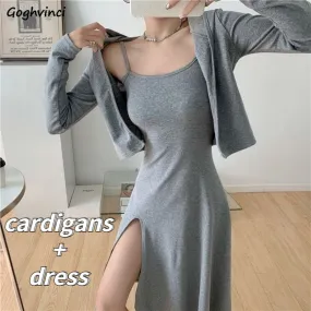 Joskaa Christmas Gift Sets Women Solid Elegant Classy 2 Pieces Cropped Cardigans Side-slit Dress Sexy Party All-match Streetwear Oversize BF Female