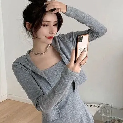 Joskaa Christmas Gift Sets Women Solid Elegant Classy 2 Pieces Cropped Cardigans Side-slit Dress Sexy Party All-match Streetwear Oversize BF Female