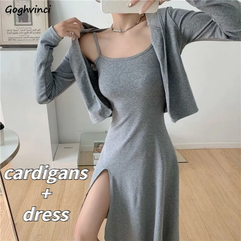 Joskaa Christmas Gift Sets Women Solid Elegant Classy 2 Pieces Cropped Cardigans Side-slit Dress Sexy Party All-match Streetwear Oversize BF Female