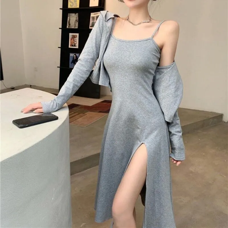 Joskaa Christmas Gift Sets Women Solid Elegant Classy 2 Pieces Cropped Cardigans Side-slit Dress Sexy Party All-match Streetwear Oversize BF Female