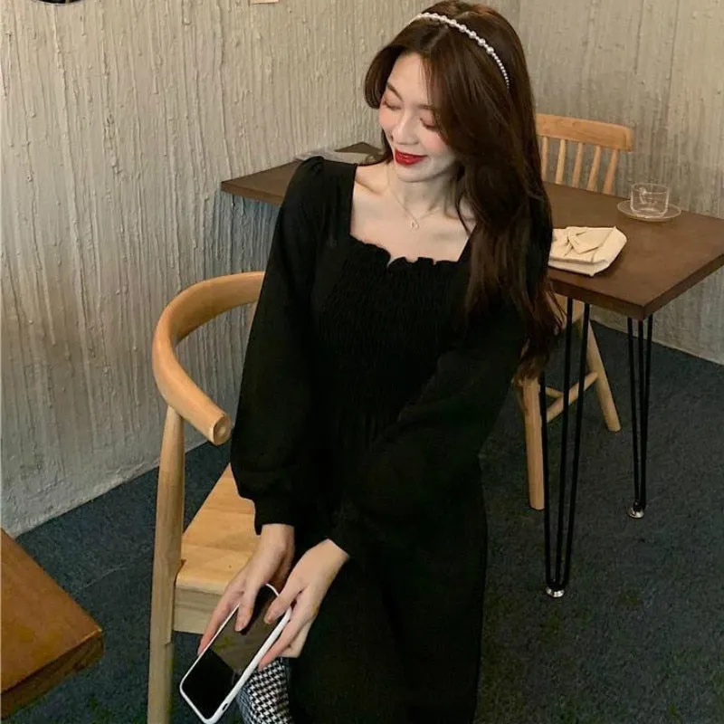 Joskaa Christmas Gift Women Long Sleeve Dress Plus Size 3XL New Black Square Collar High Waist A-line Mid-calf French Style Elegant Ladies Chic Korean