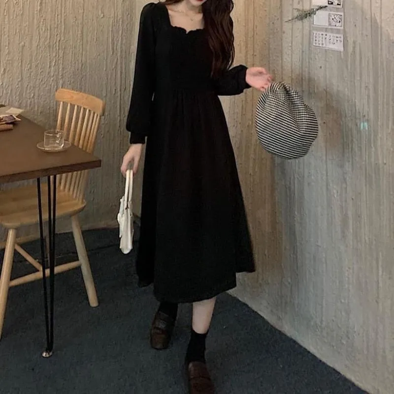 Joskaa Christmas Gift Women Long Sleeve Dress Plus Size 3XL New Black Square Collar High Waist A-line Mid-calf French Style Elegant Ladies Chic Korean