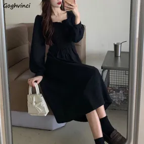 Joskaa Christmas Gift Women Long Sleeve Dress Plus Size 3XL New Black Square Collar High Waist A-line Mid-calf French Style Elegant Ladies Chic Korean