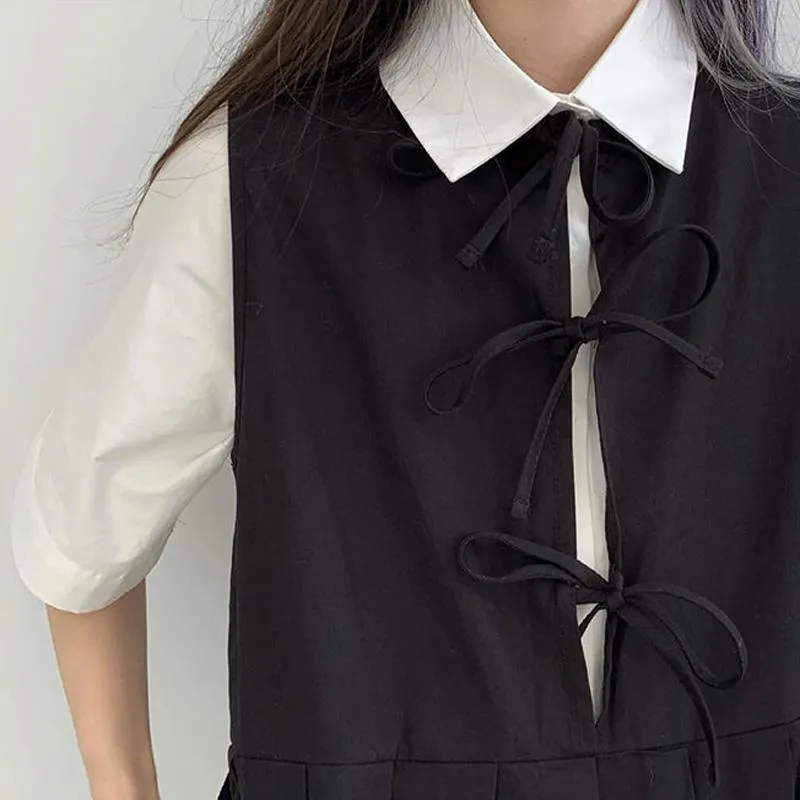 Joskaa Dress Sets Women Harajuku Drawstring Solid High Street Turn Down Collar Preppy Shirts Reversible Females Dresses Gothic Chic
