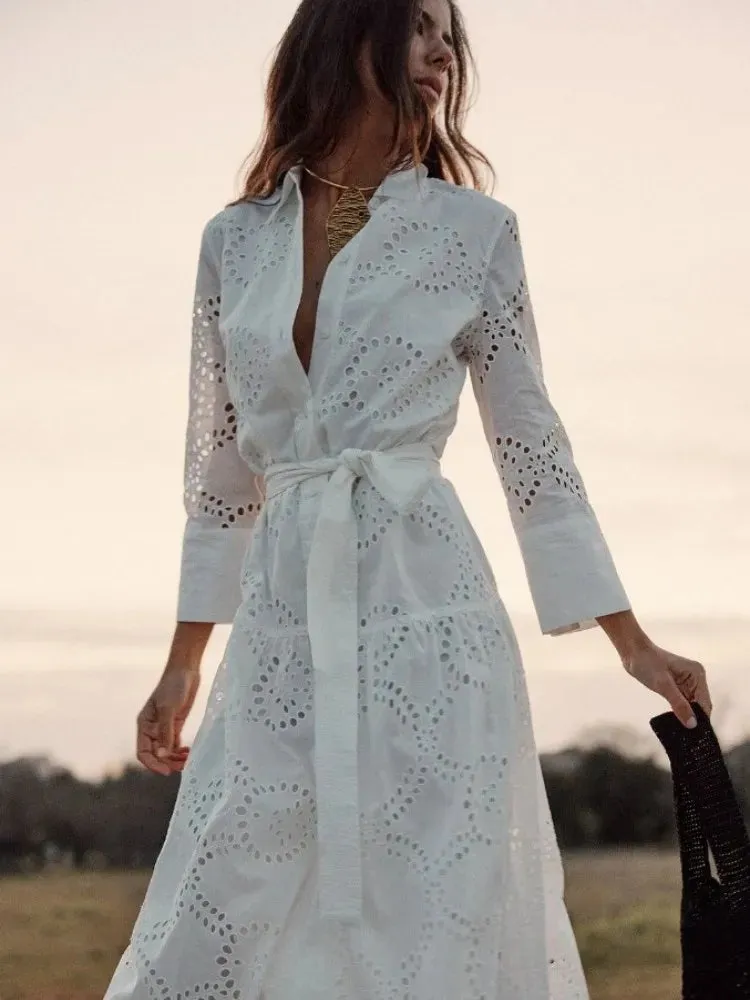 JOSKAA Elegant Embroidered Women's Midi Dress Chic Lapel Long Sleeve High Waist Lace Up Dresses 2024 Fashion Female Solid Vestidos