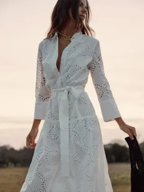 JOSKAA Elegant Embroidered Women's Midi Dress Chic Lapel Long Sleeve High Waist Lace Up Dresses 2024 Fashion Female Solid Vestidos