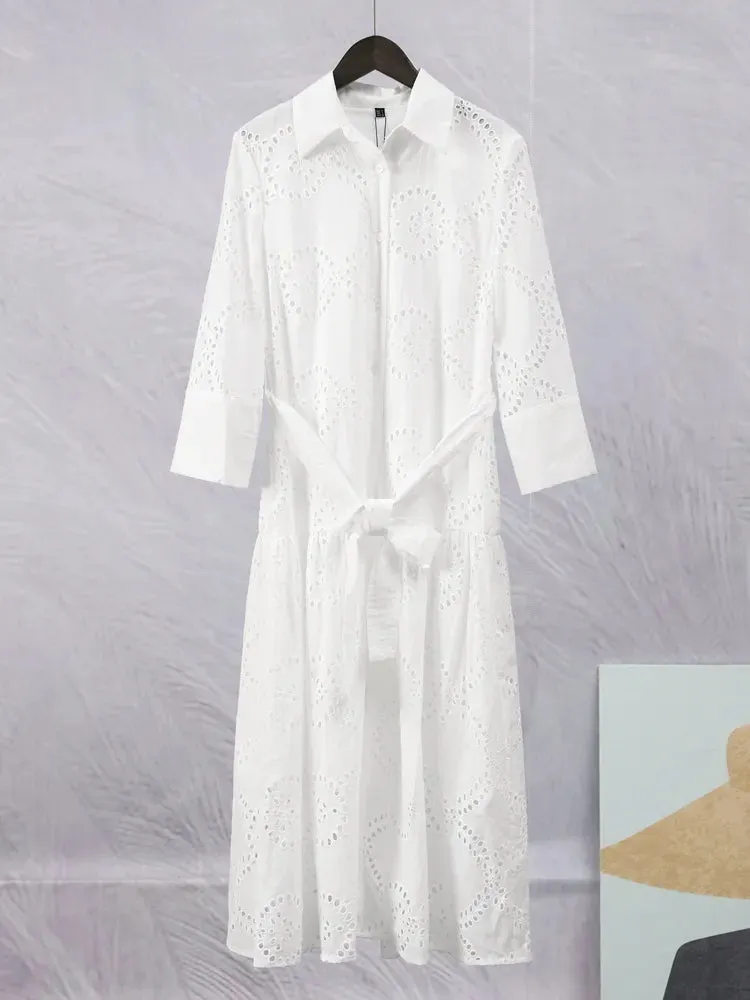 JOSKAA Elegant Embroidered Women's Midi Dress Chic Lapel Long Sleeve High Waist Lace Up Dresses 2024 Fashion Female Solid Vestidos