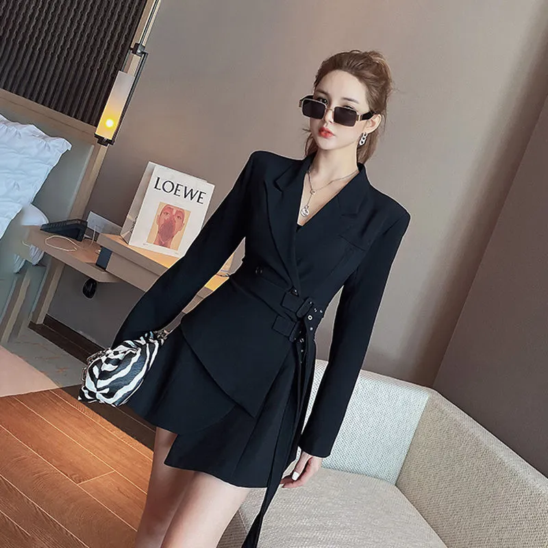 Joskaa hoco dresses Black Friday Sales Mini Party Blazer Dress Women Korean One-Piece Office Lady Elegant Dress Chic Sashes Design Long Sleeve Clothes Winter New