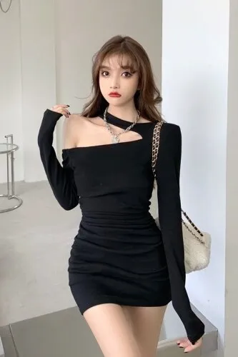Joskaa hoco dresses Christmas Gift Dress Women One-shoulder Mini Sheath Black Solid Korean Style Sexy Club Soft Fit Chic Stylish High Street Spring Design Gothic