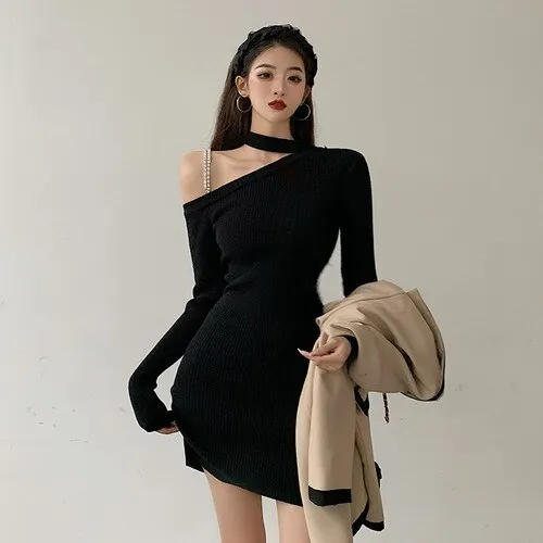 Joskaa hoco dresses Christmas Gift Dress Women One-shoulder Mini Sheath Black Solid Korean Style Sexy Club Soft Fit Chic Stylish High Street Spring Design Gothic