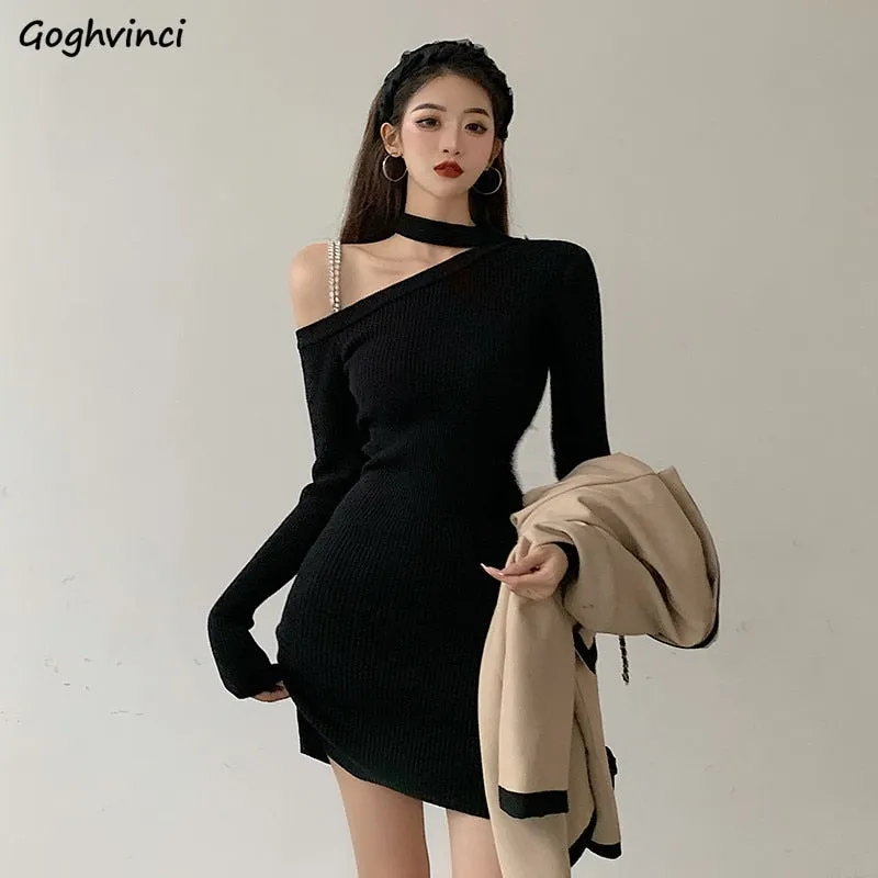 Joskaa hoco dresses Christmas Gift Dress Women One-shoulder Mini Sheath Black Solid Korean Style Sexy Club Soft Fit Chic Stylish High Street Spring Design Gothic