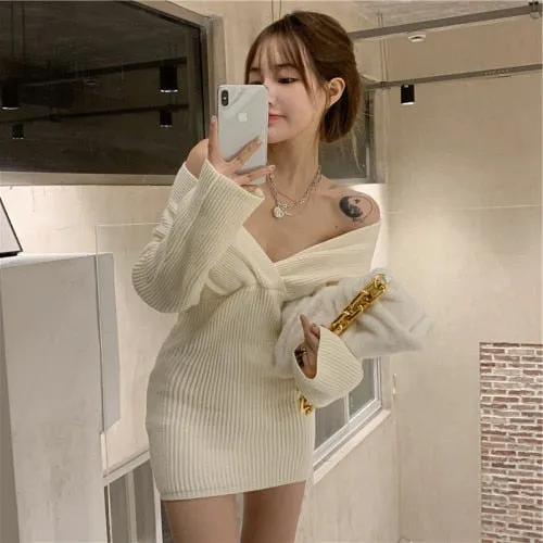 Joskaa hoco dresses Christmas Gift Dress Women One-shoulder Mini Sheath Black Solid Korean Style Sexy Club Soft Fit Chic Stylish High Street Spring Design Gothic