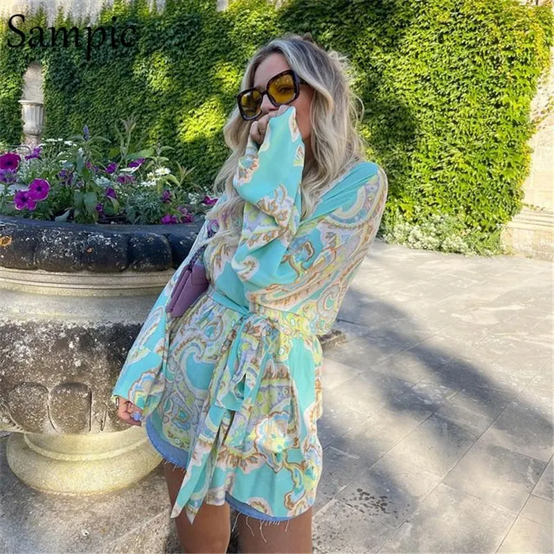 Joskaa hoco dresses Christmas Gift Sampic Summer Green Bandage Casual V Neck Loose Mini Long Sleeve Blouse Dress Tie Dye Print Chic Party Club Fashion Short Dress