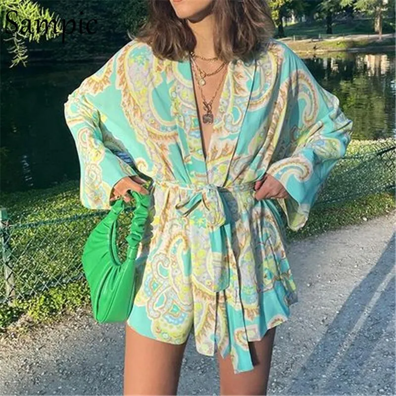 Joskaa hoco dresses Christmas Gift Sampic Summer Green Bandage Casual V Neck Loose Mini Long Sleeve Blouse Dress Tie Dye Print Chic Party Club Fashion Short Dress