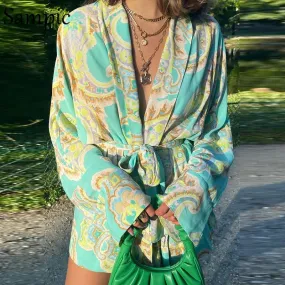 Joskaa hoco dresses Christmas Gift Sampic Summer Green Bandage Casual V Neck Loose Mini Long Sleeve Blouse Dress Tie Dye Print Chic Party Club Fashion Short Dress