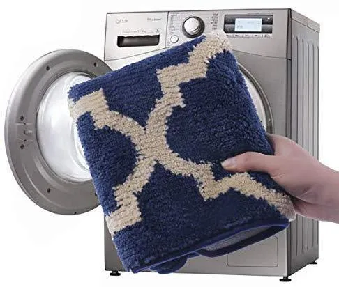 Office Marshal 2 Piece Bath Rug Set Non Slip Bathroom Shower Rug and U-Shaped Toilet Contour Mat Washable(20" x 32" 20"x 16.5"),Blue