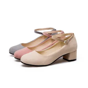 Women's Flock Round Toe Shallow Ankle Strap Block Heel Pumps